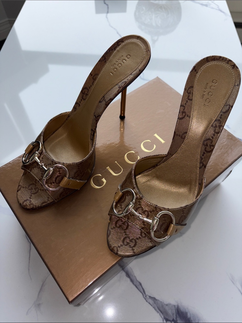 Gucci Brown GG Monogram Slide Heels with Horsebit